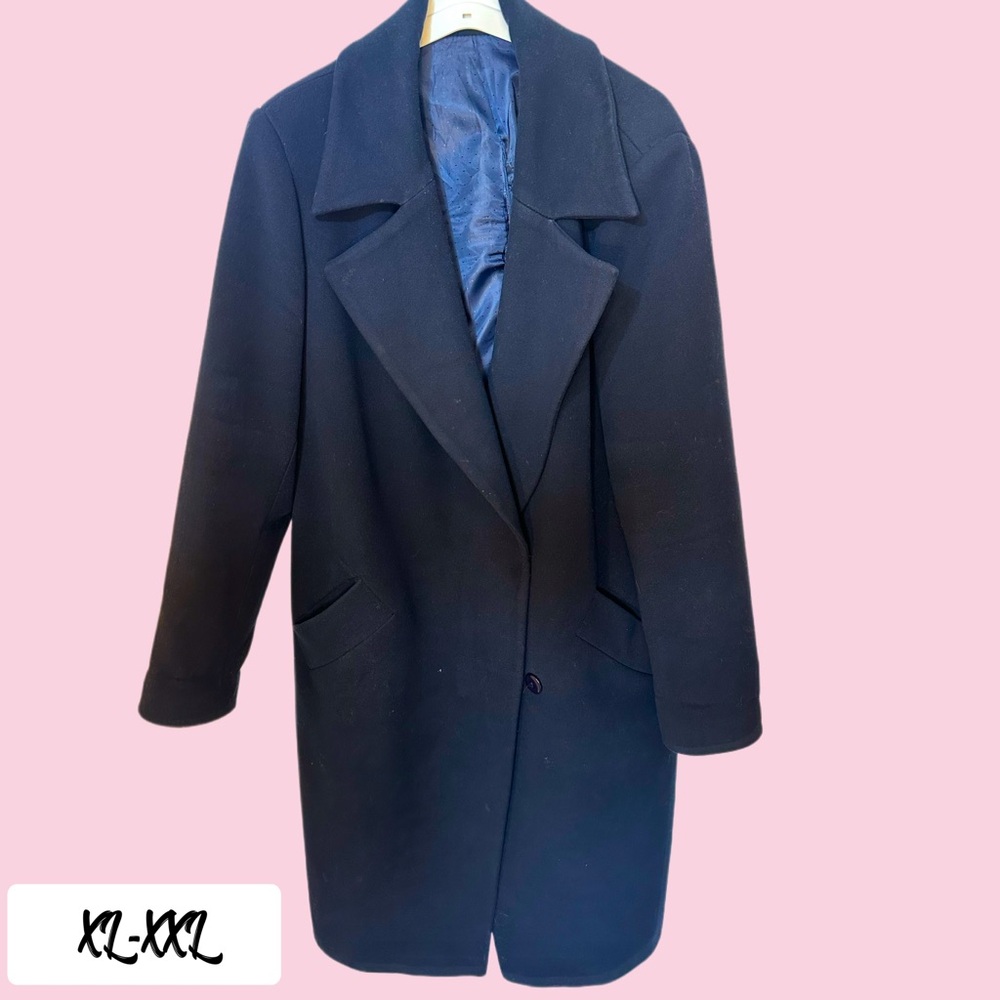Navy Blue Wool winter coat with two hidden buttons and pockets